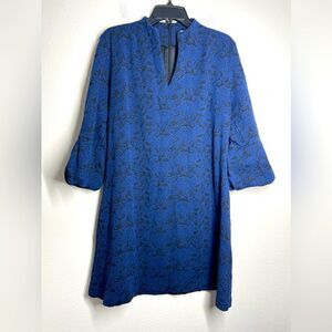 NewYork & Company Stretch Blue Paisley Black Background Back Zip V Neck Dress XL